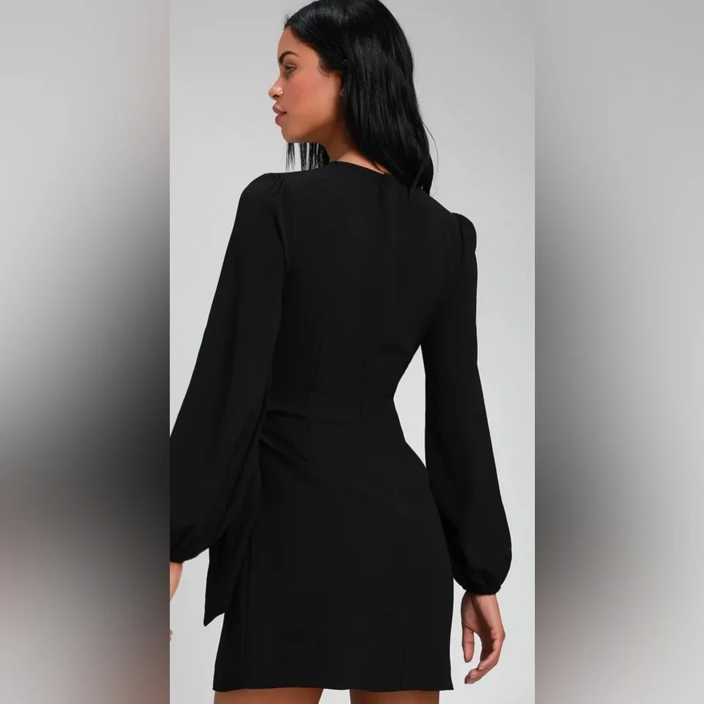 Lulus Believe It or Knot Black Long Sleeve Tie-Front Skater Mini‎ Dress Size XL - Picture 4 of 11